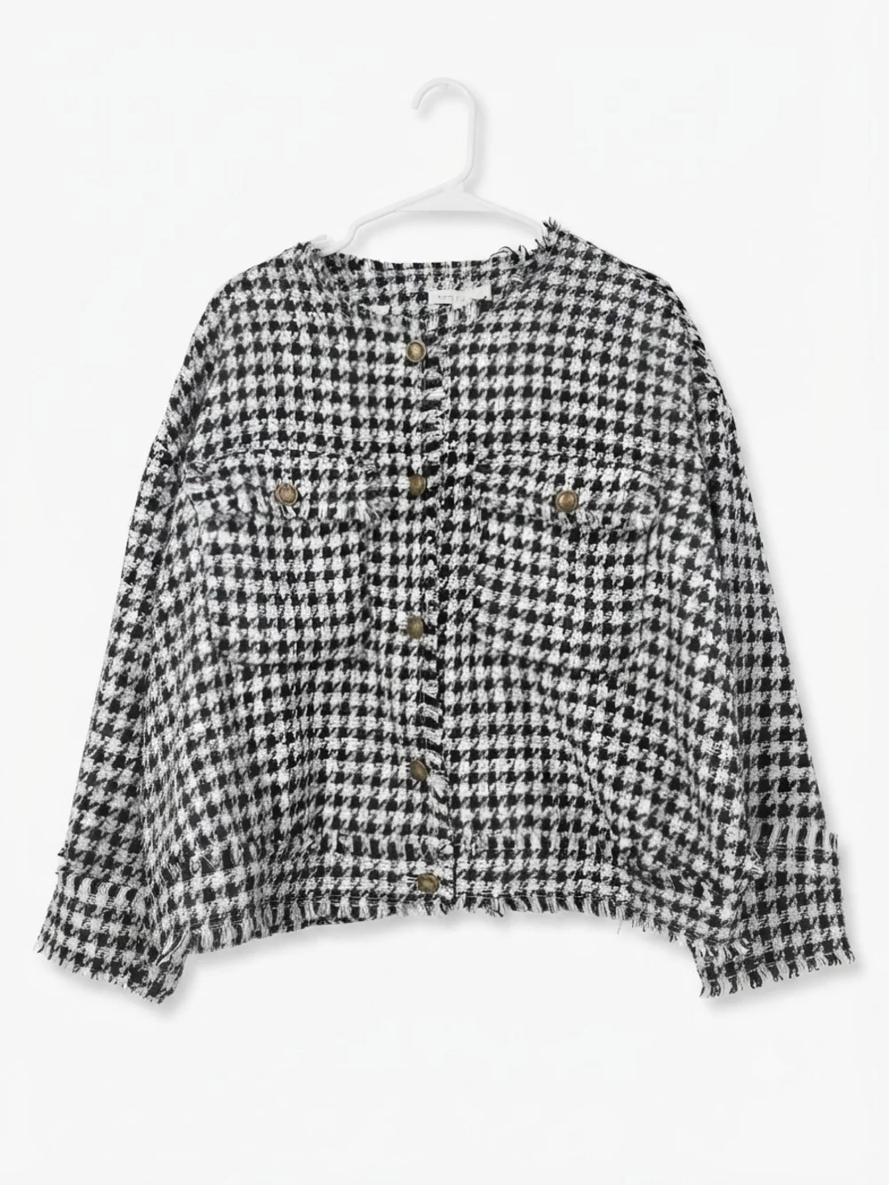 Black & White Houndstooth Tweed Button-Front Jacket